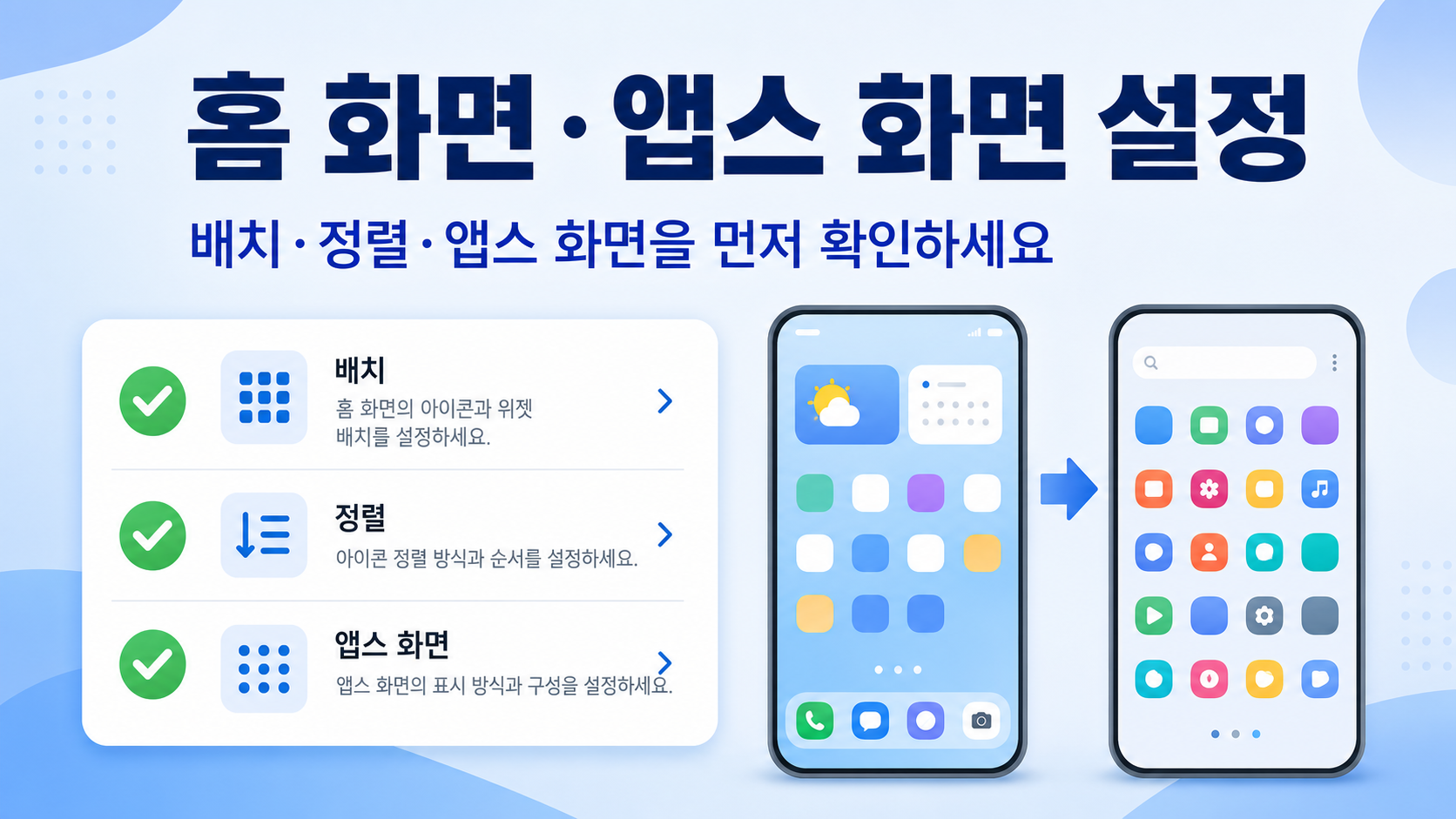 홈 화면과 앱스 화면 설정의 배치·정렬·표시 방식을 설명하는 한국어 정보 카드