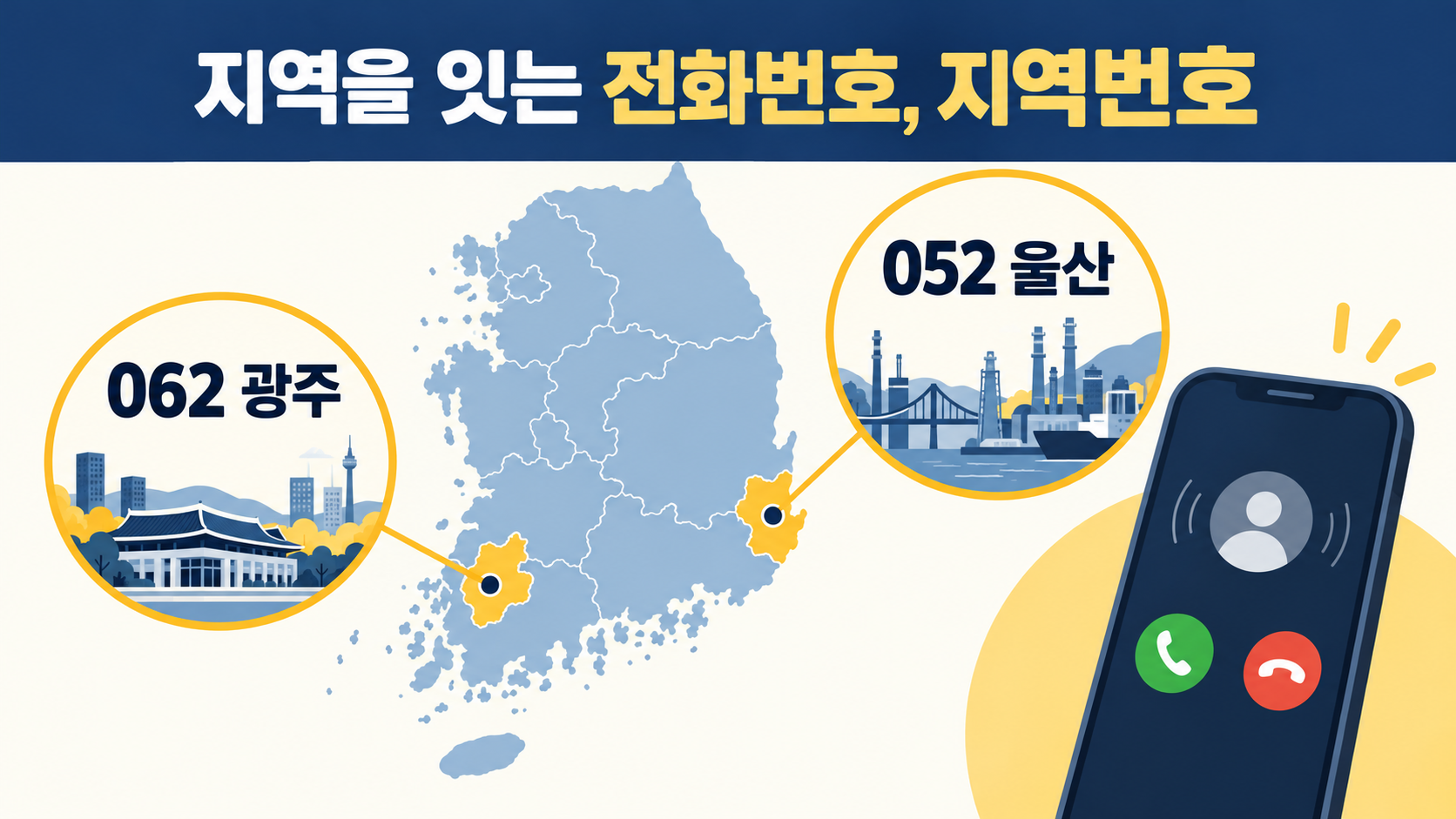 052 울산과 062 광주 지역번호를 표시한 한국 지도 정보카드
