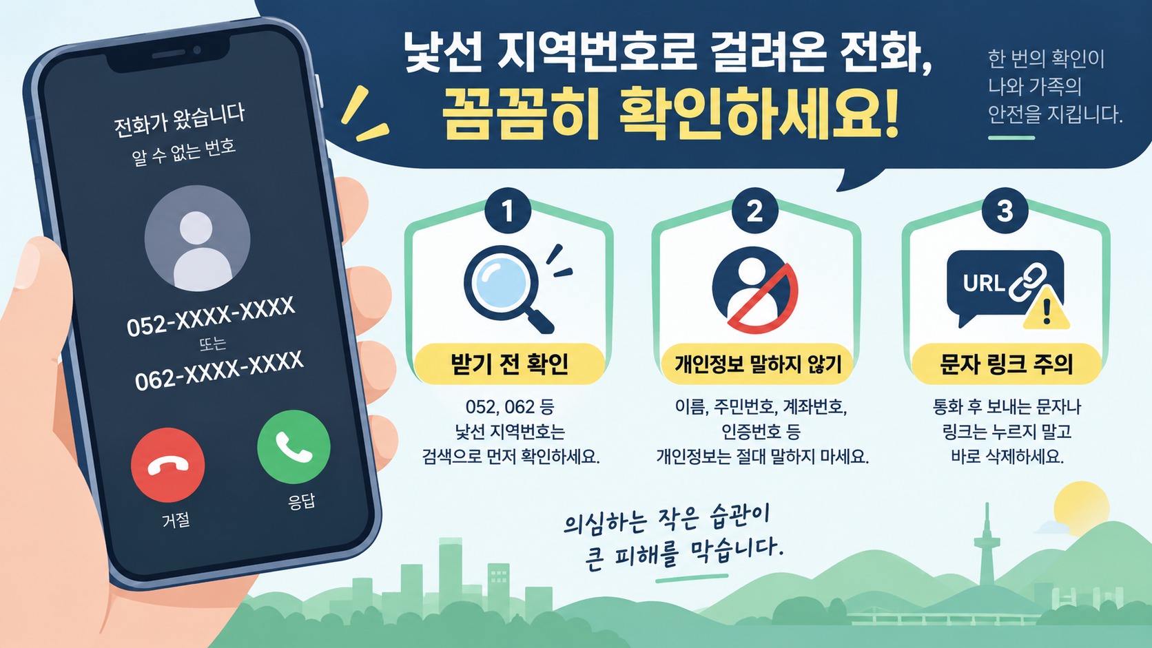 낯선 지역번호 전화에서 개인정보와 문자 링크를 주의하라는 안전 정보카드