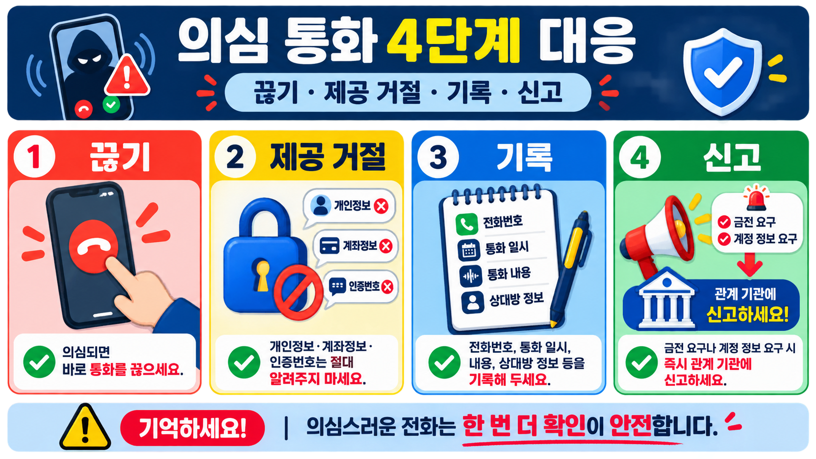 의심스러운 통화에서 끊기, 제공 거절, 기록, 신고 순서를 보여 주는 정보카드