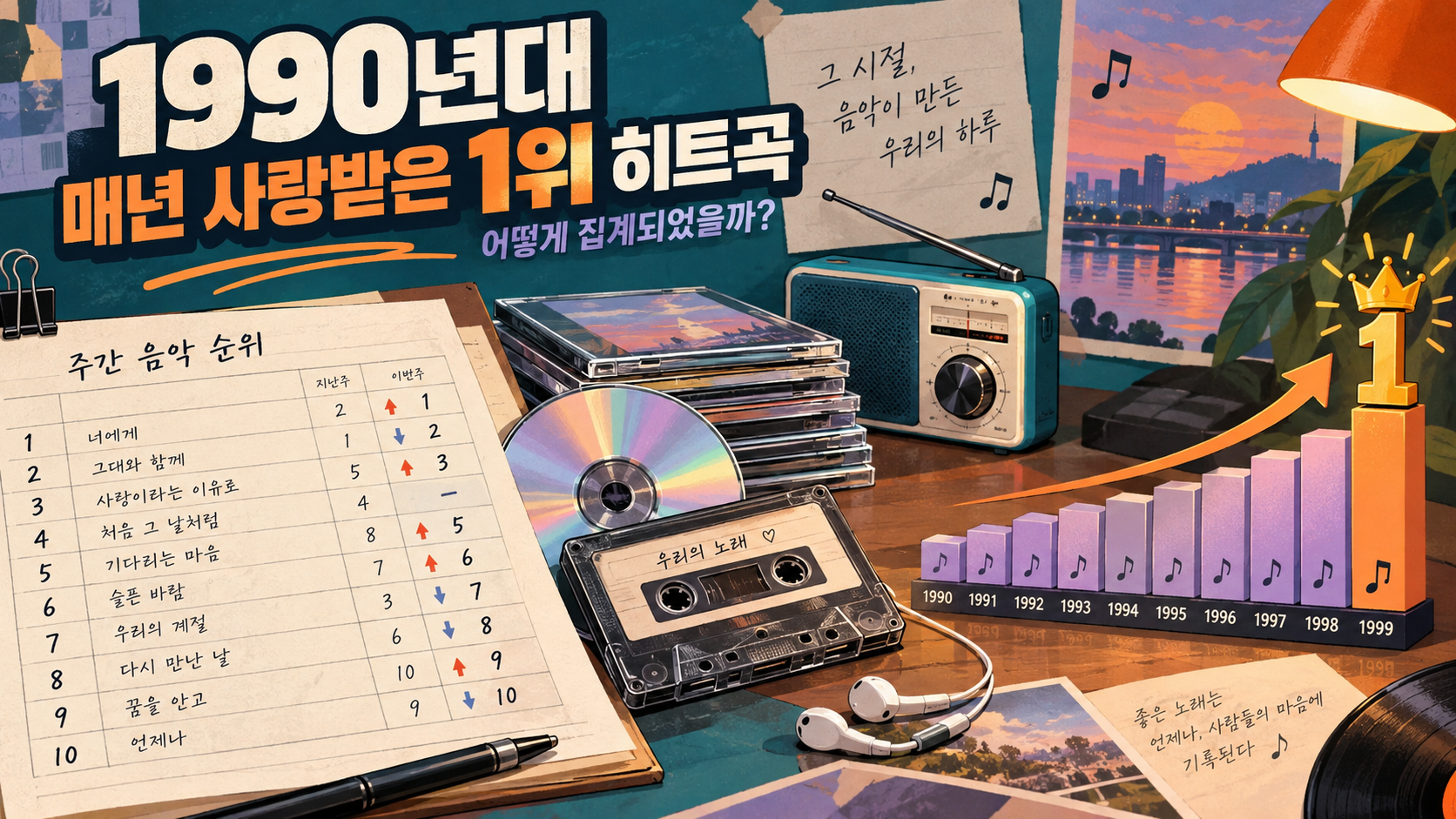 순위표와 라디오, CD로 표현한 1990년대 히트곡 차트 정보 카드