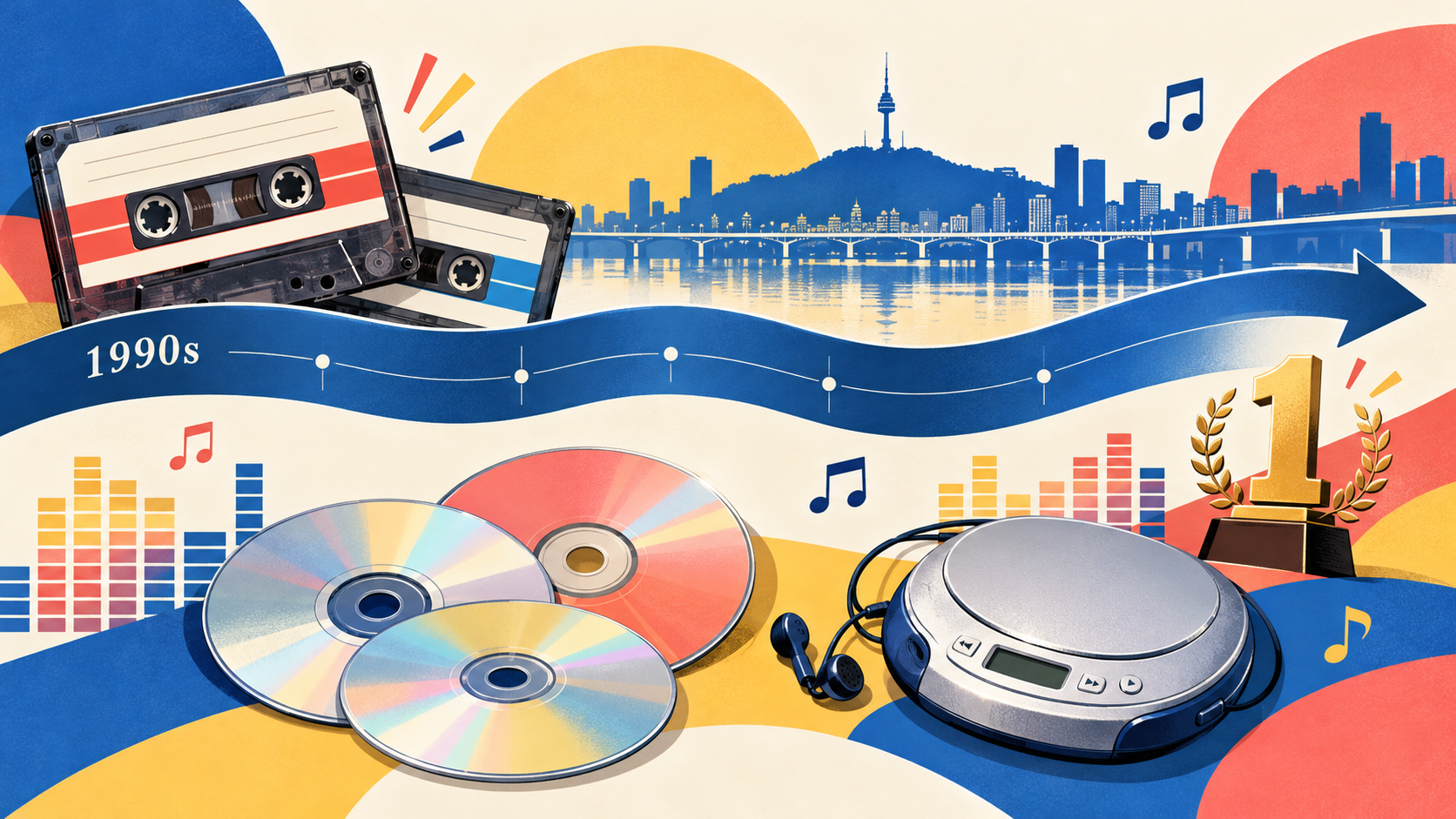 카세트와 CD, 1위 트로피로 구성한 1990년대 한국 히트곡 정보 카드