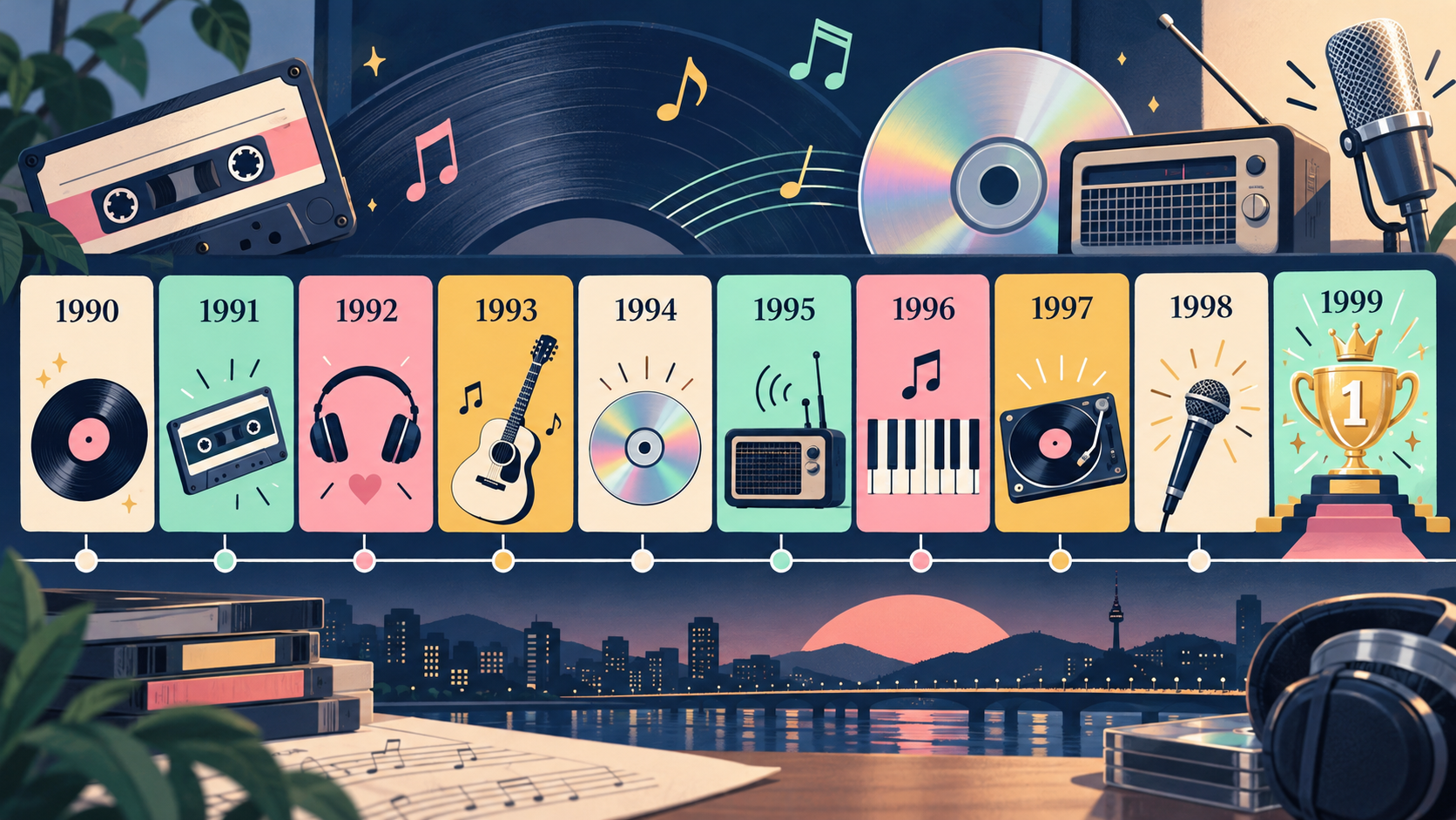 1990년부터 1999년까지 음악 타일을 배치한 연도별 히트곡 타임라인 카드