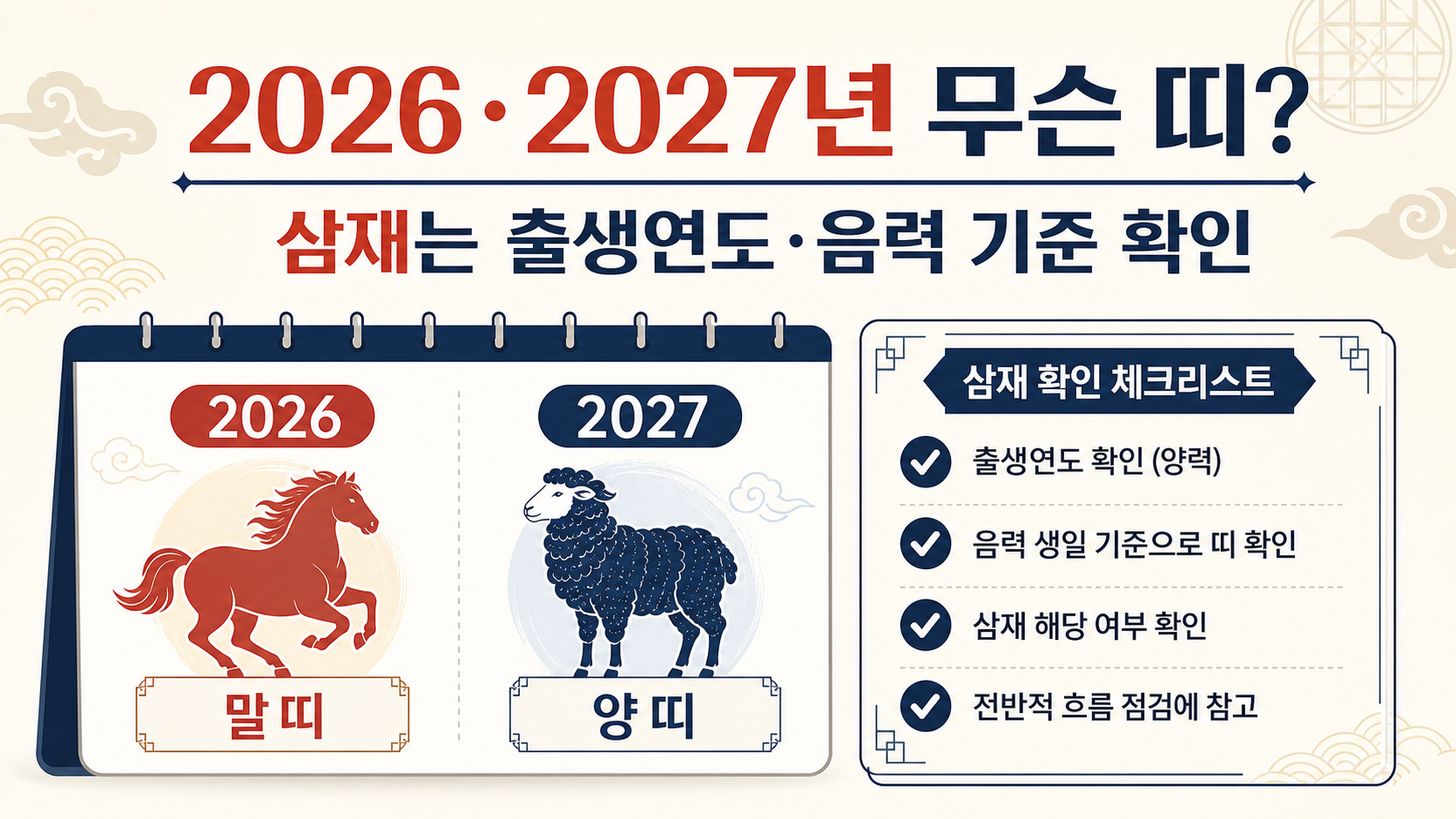 2026년 말띠와 2027년 양띠, 삼재 확인 순서를 정리한 정보카드