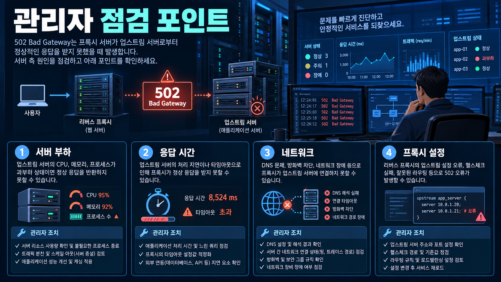 502 Bad Gateway 오류의 서버 부하, 응답 시간, 네트워크, 프록시 설정 점검 카드