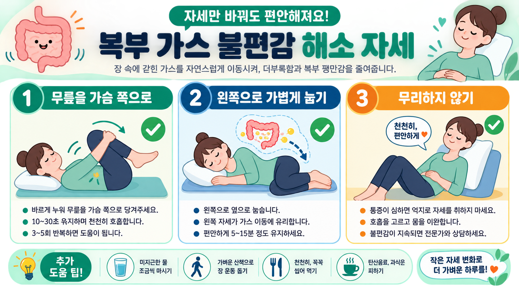 복부 가스 불편감이 있을 때 무릎을 가슴으로 당기고 왼쪽으로 눕는 자세 안내