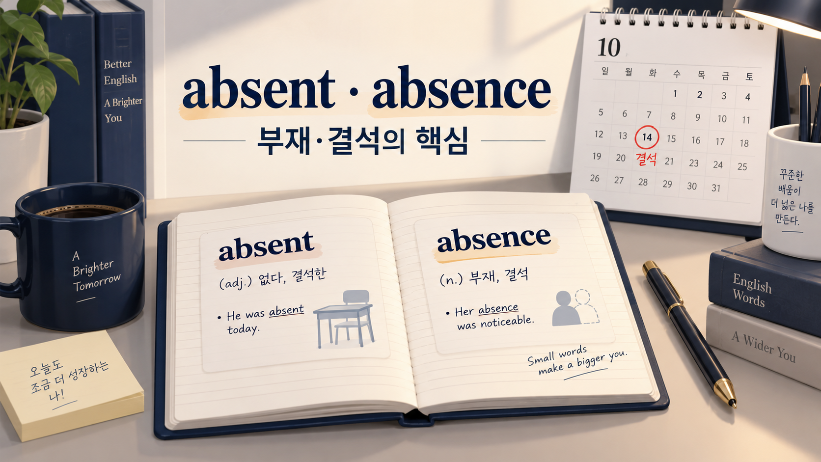 absent와 absence의 뜻을 정리한 영어 학습 카드