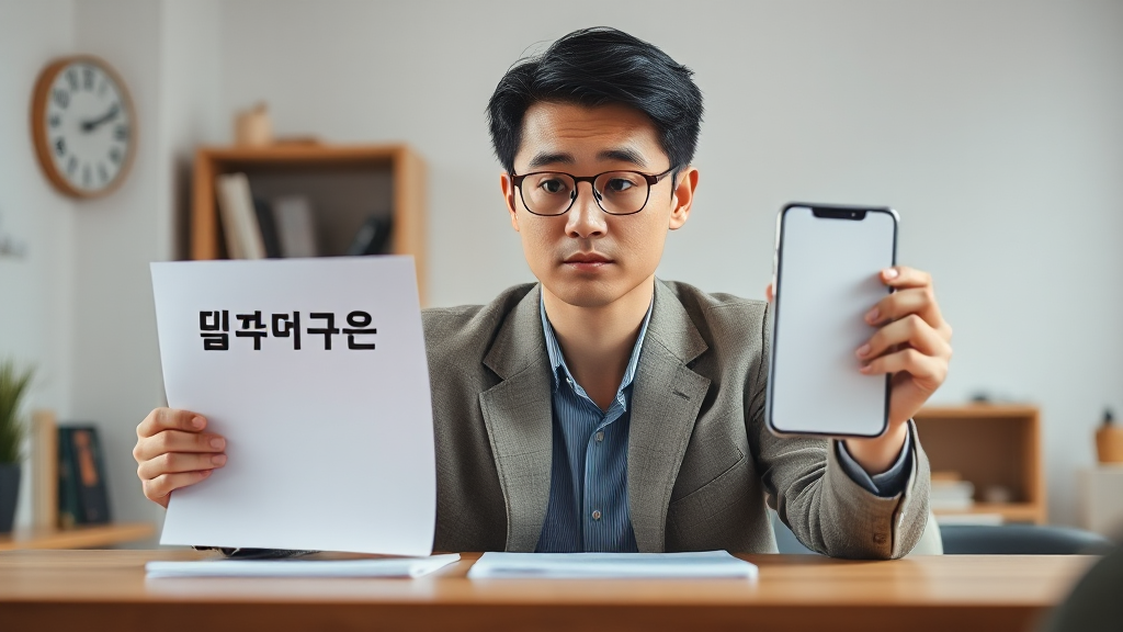 스마트폰과 서류로 계정과 계좌 정보를 확인하는 장면