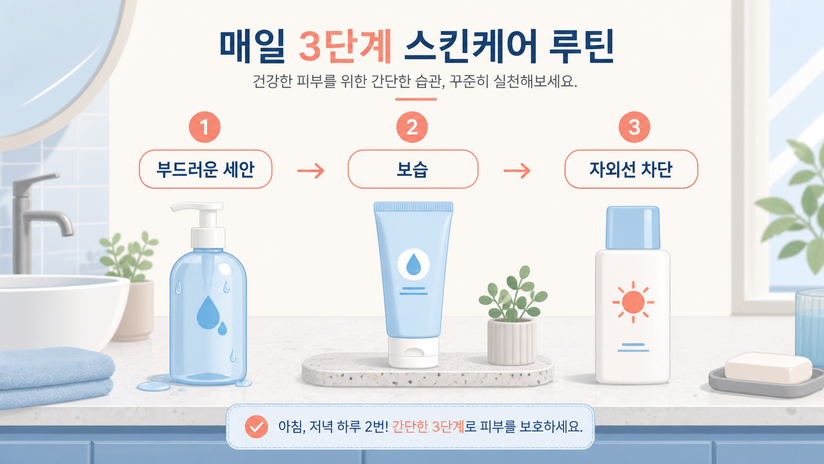 부드러운 세안, 보습, 자외선 차단 순서를 보여 주는 피부 관리 일러스트
