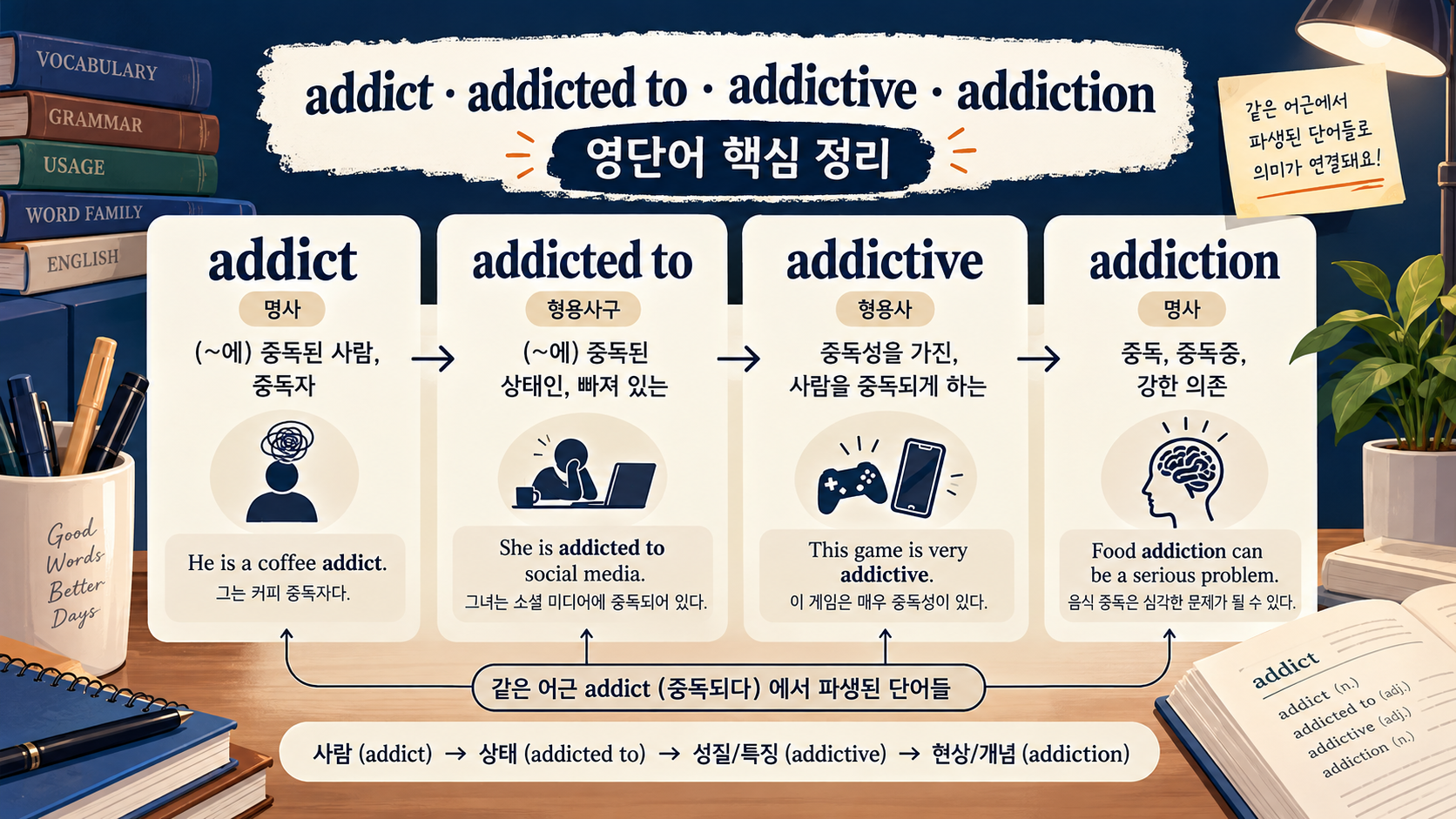 addict, addicted to, addictive, addiction 단어 비교 정보카드