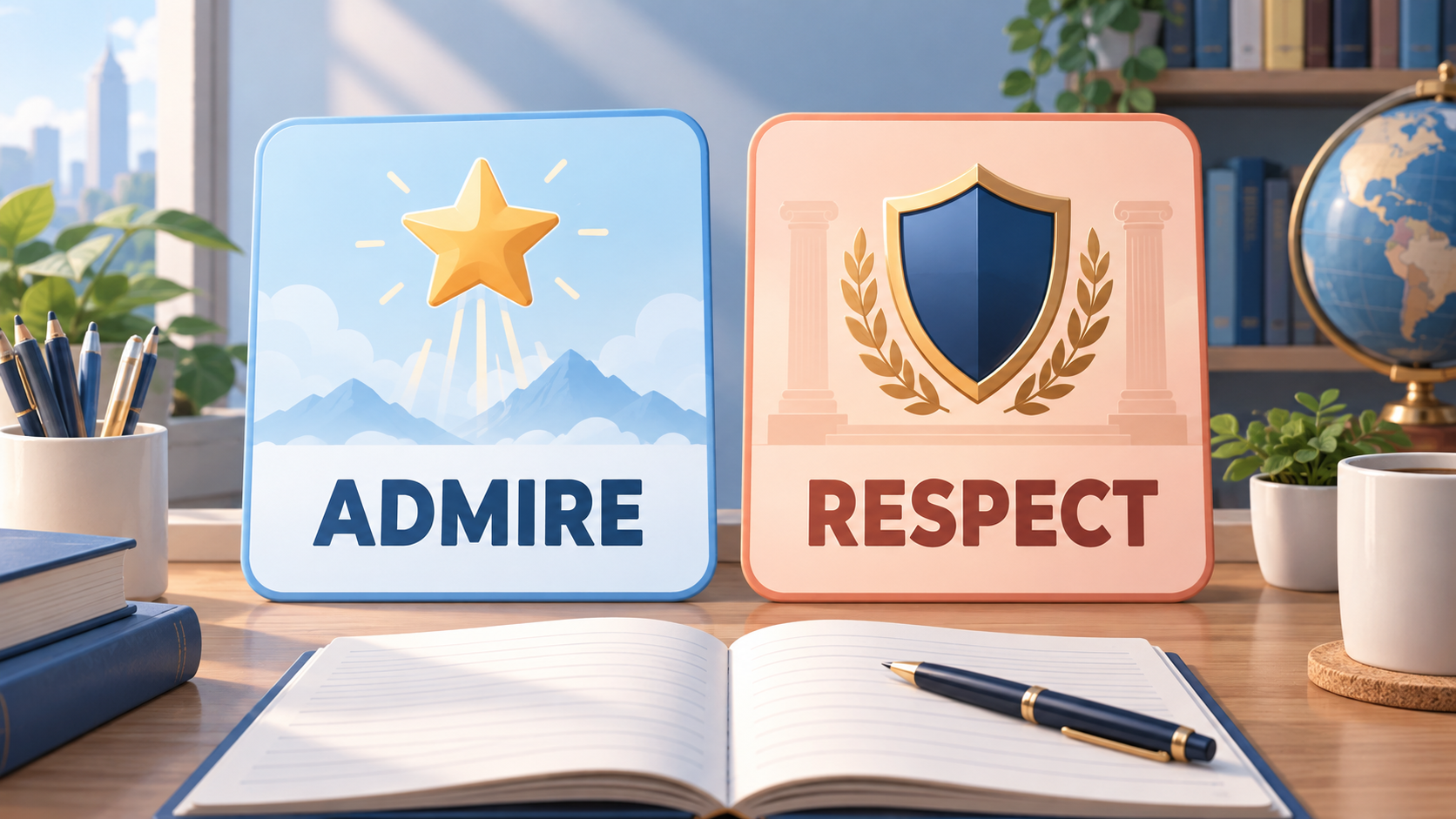 admire와 respect의 차이를 보여 주는 영어 학습 정보카드