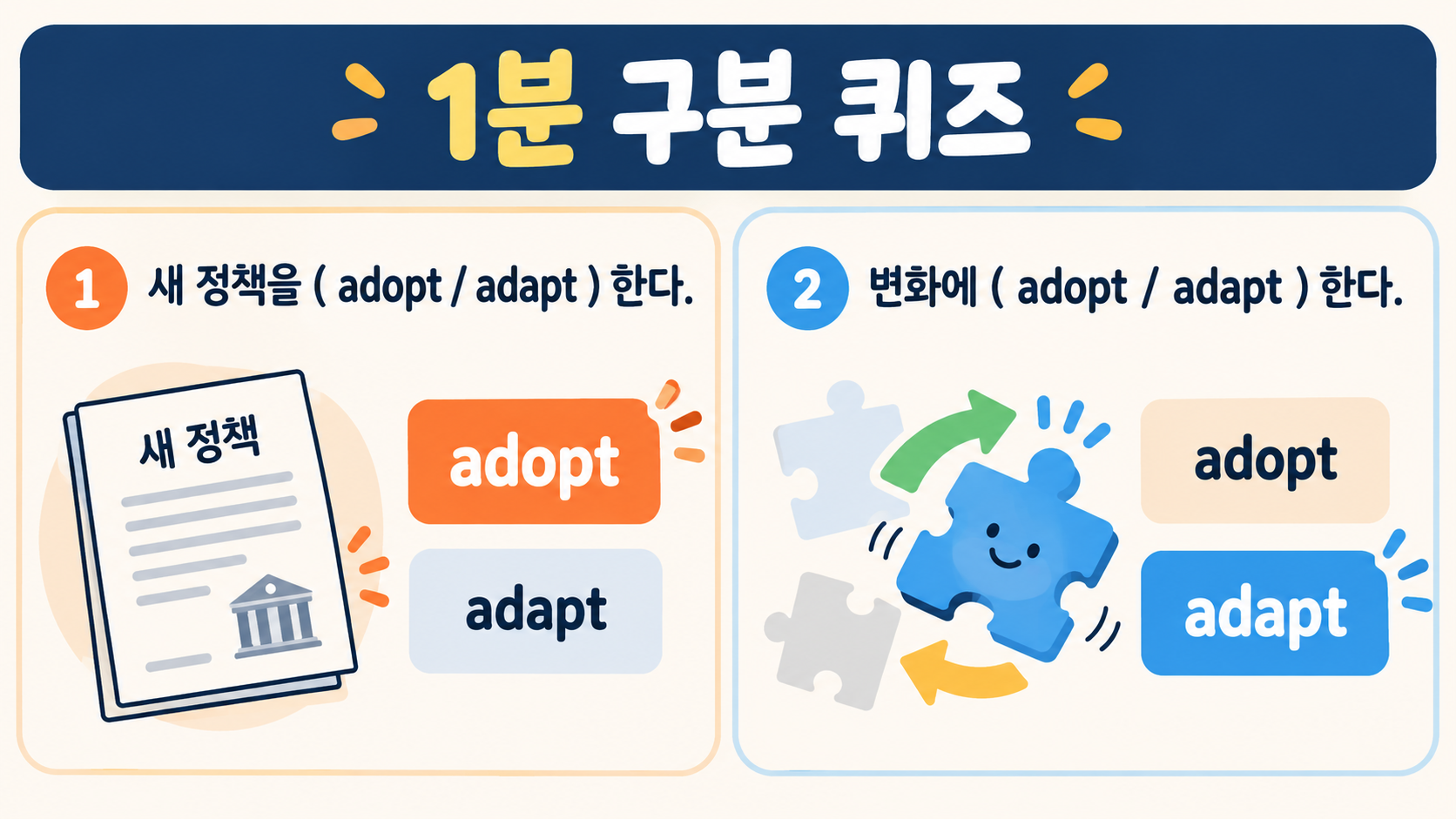 adopt와 adapt를 고르는 1분 퀴즈 정보카드