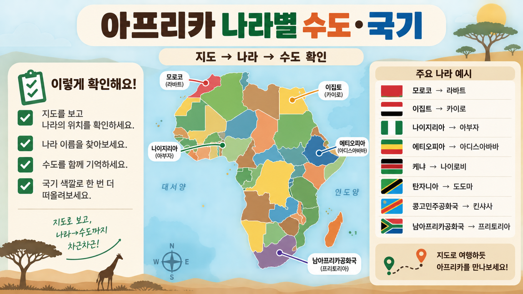 아프리카 지도 나라별 수도와 국기 정리 정보 카드