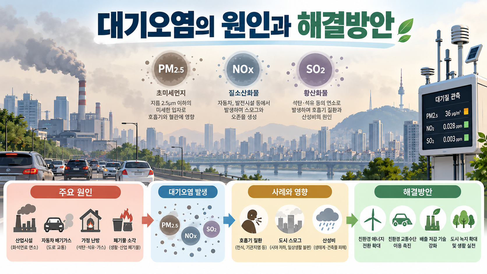 대기오염의 원인과 해결방안을 설명하는 한국형 정보카드