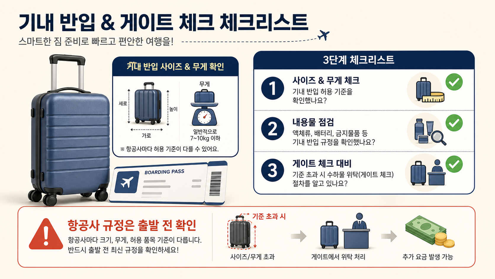 기내 반입 전 항공사 규정과 크기 무게를 확인하는 체크리스트