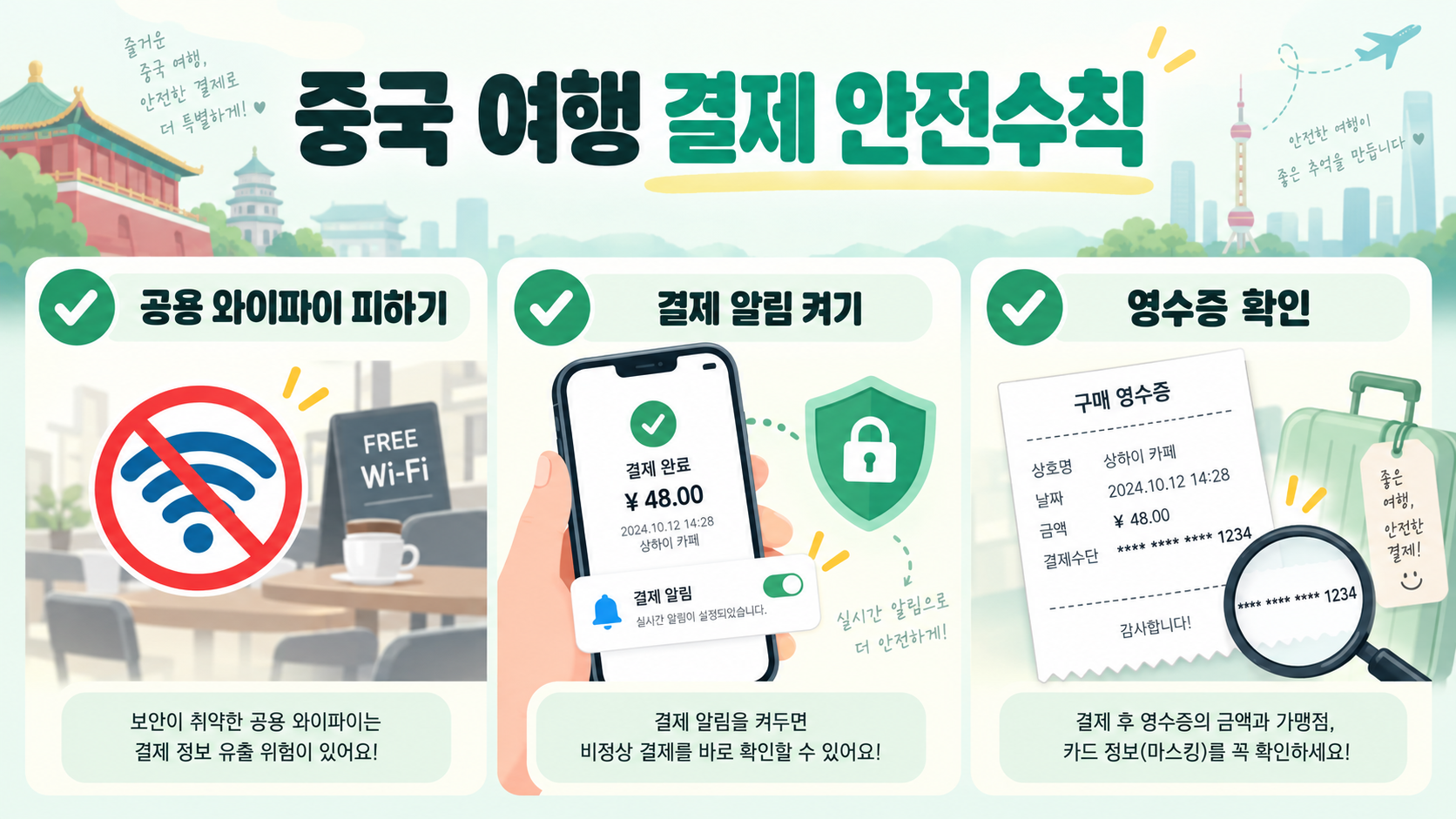 중국 여행 결제 중 공용 와이파이 피하기, 결제 알림 켜기, 영수증 확인을 안내하는 한국어 정보카드
