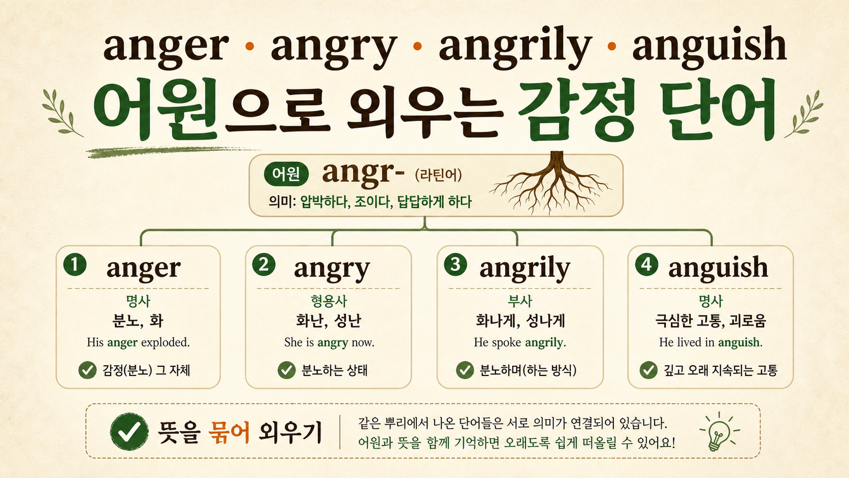 anger angry angrily anguish를 어원과 품사로 정리한 한국어 정보 카드