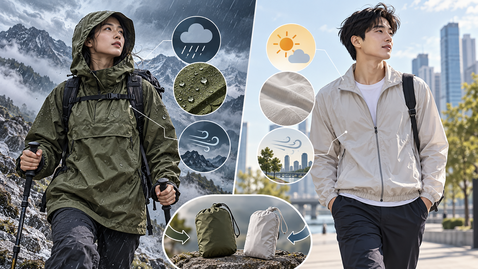 산행용 아노락과 도심용 바람막이 선택 장면 정보 카드