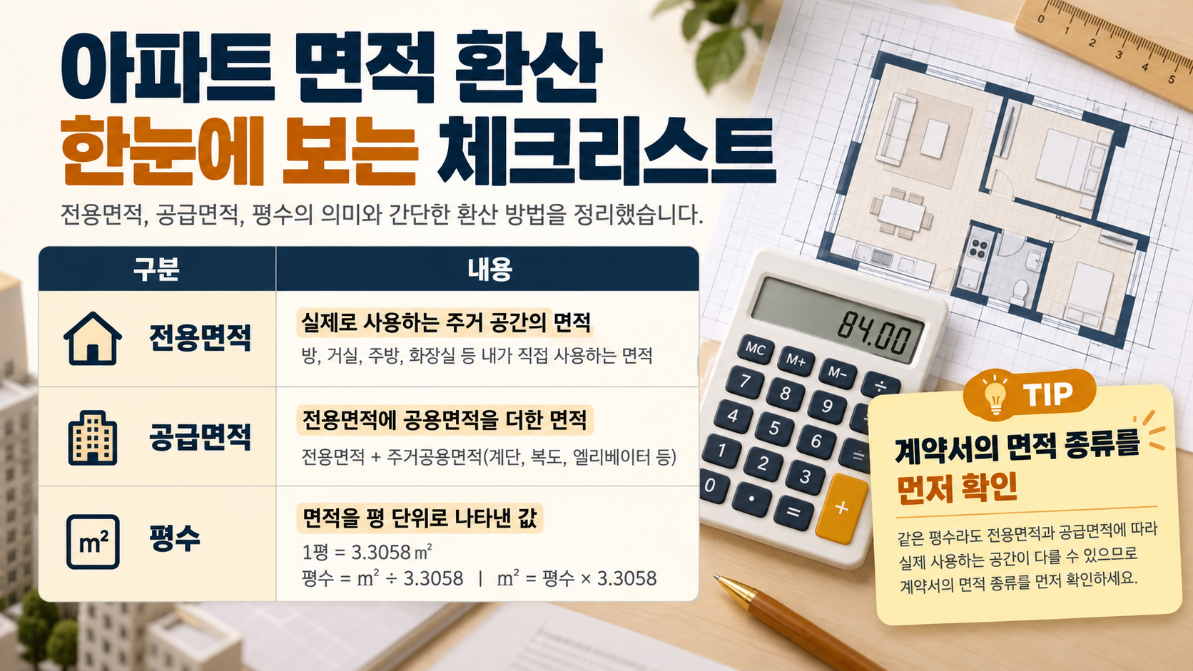 전용면적과 공급면적 확인 항목을 정리한 아파트 면적 정보 카드