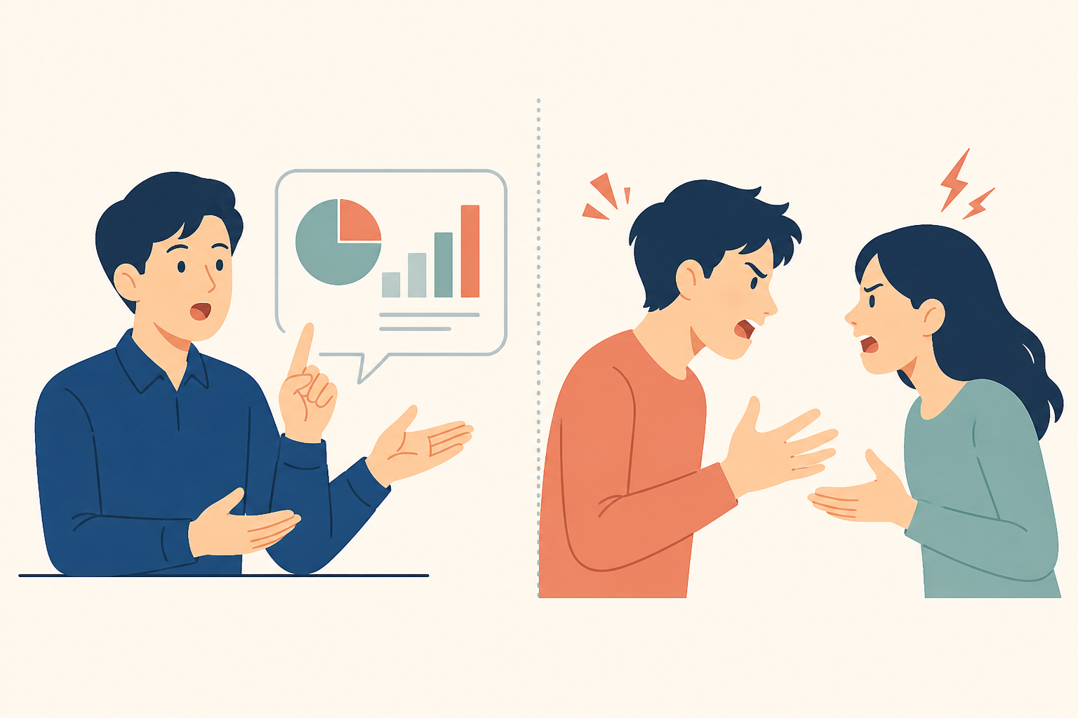 근거를 들어 주장하는 경우와 사람끼리 다투는 경우를 비교한 영어 학습 그림