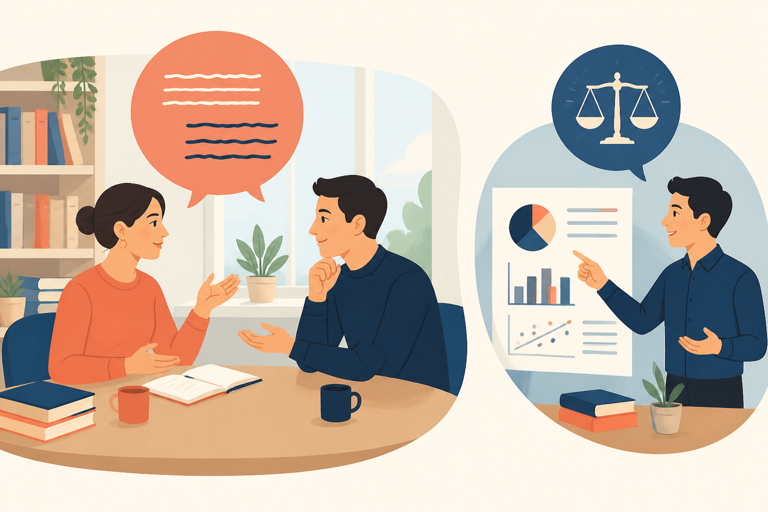 argue와 argue with의 차이를 비교해 보여 주는 영어 학습 일러스트