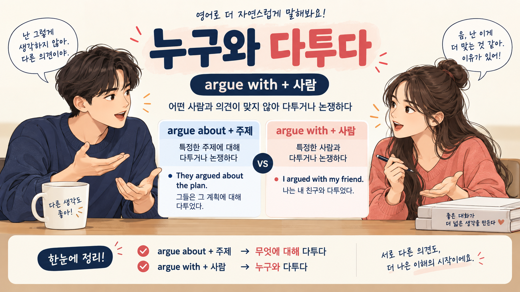 argue with 사람과 argue about 주제를 비교한 정보카드
