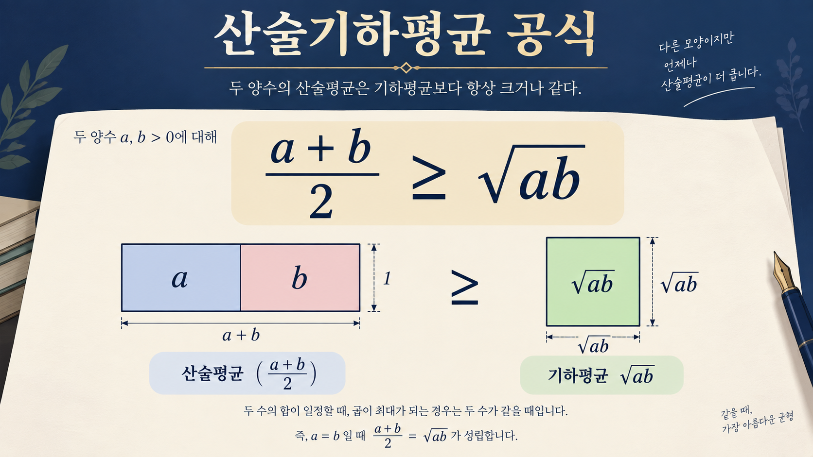 산술기하평균 공식과 직사각형·정사각형 비교를 설명한 정보카드