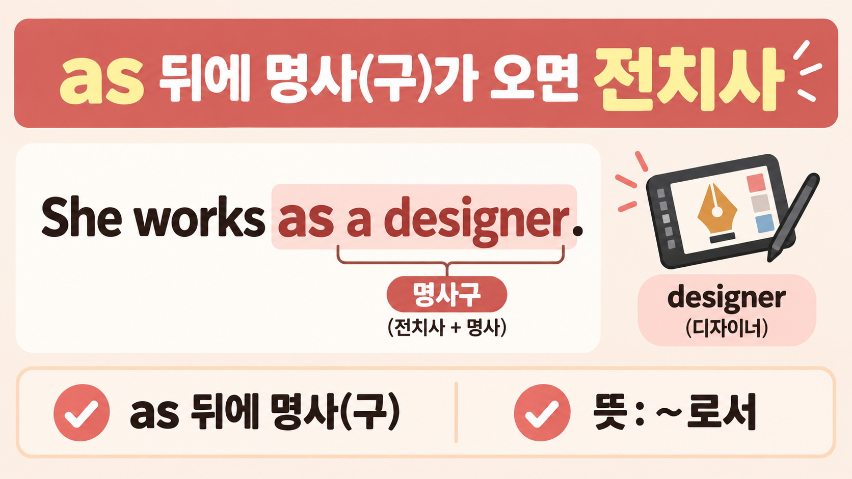 as 뒤에 명사구가 오면 전치사임을 설명하는 한국어 정보 카드