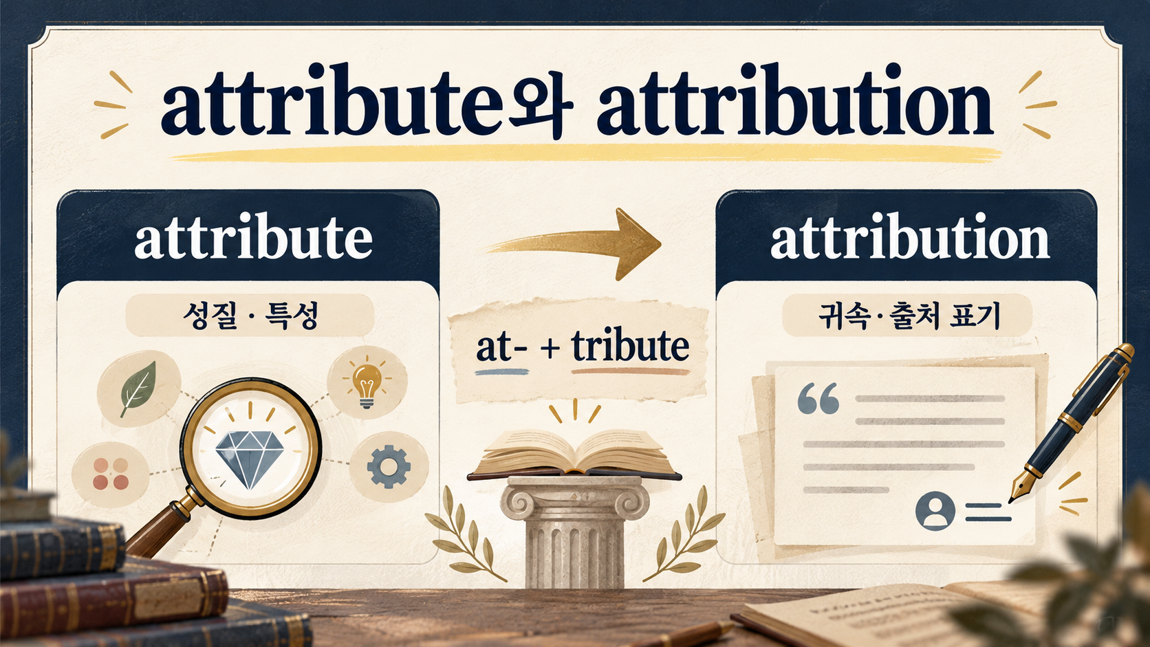 attribute와 attribution의 뜻을 비교한 영어 어원 학습 정보카드