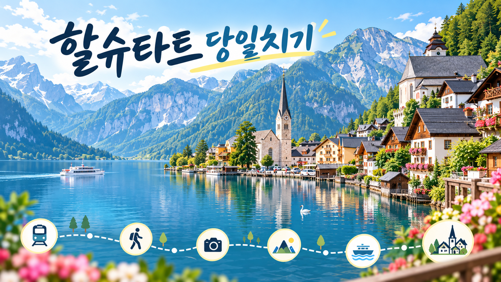 호수와 마을이 보이는 할슈타트 당일치기 여행 정보카드