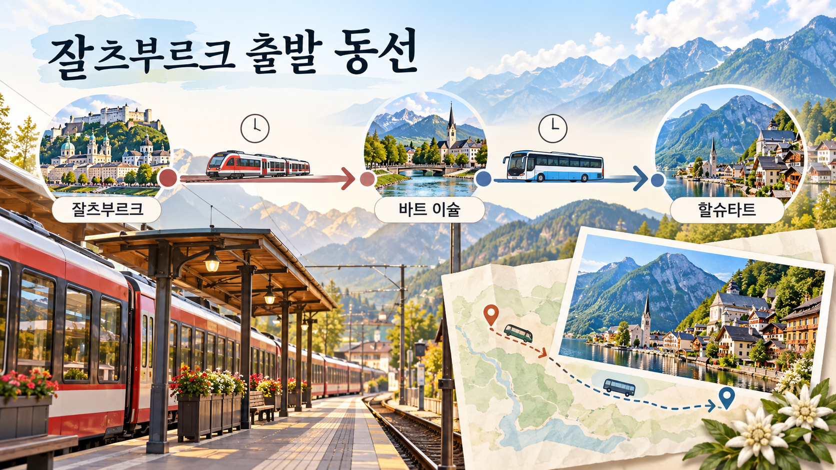 잘츠부르크에서 바트이슐을 거쳐 할슈타트로 가는 이동 정보카드
