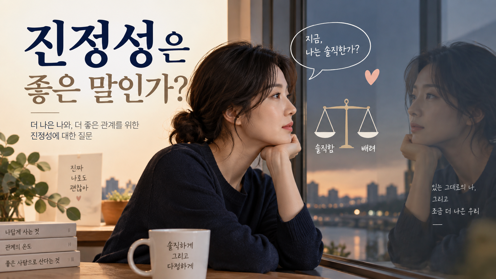 진정성의 의미를 생각하는 사람과 균형 저울 정보카드