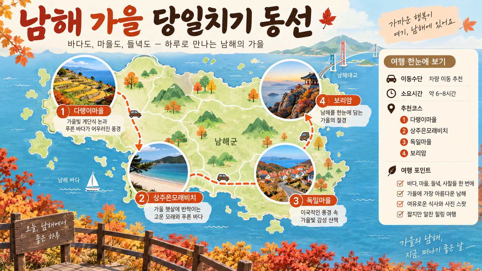 남해 가을 당일치기 동선 정보카드
