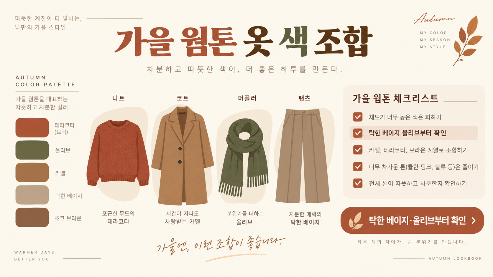 가을 웜톤 옷 색 조합을 비교하는 정보 카드