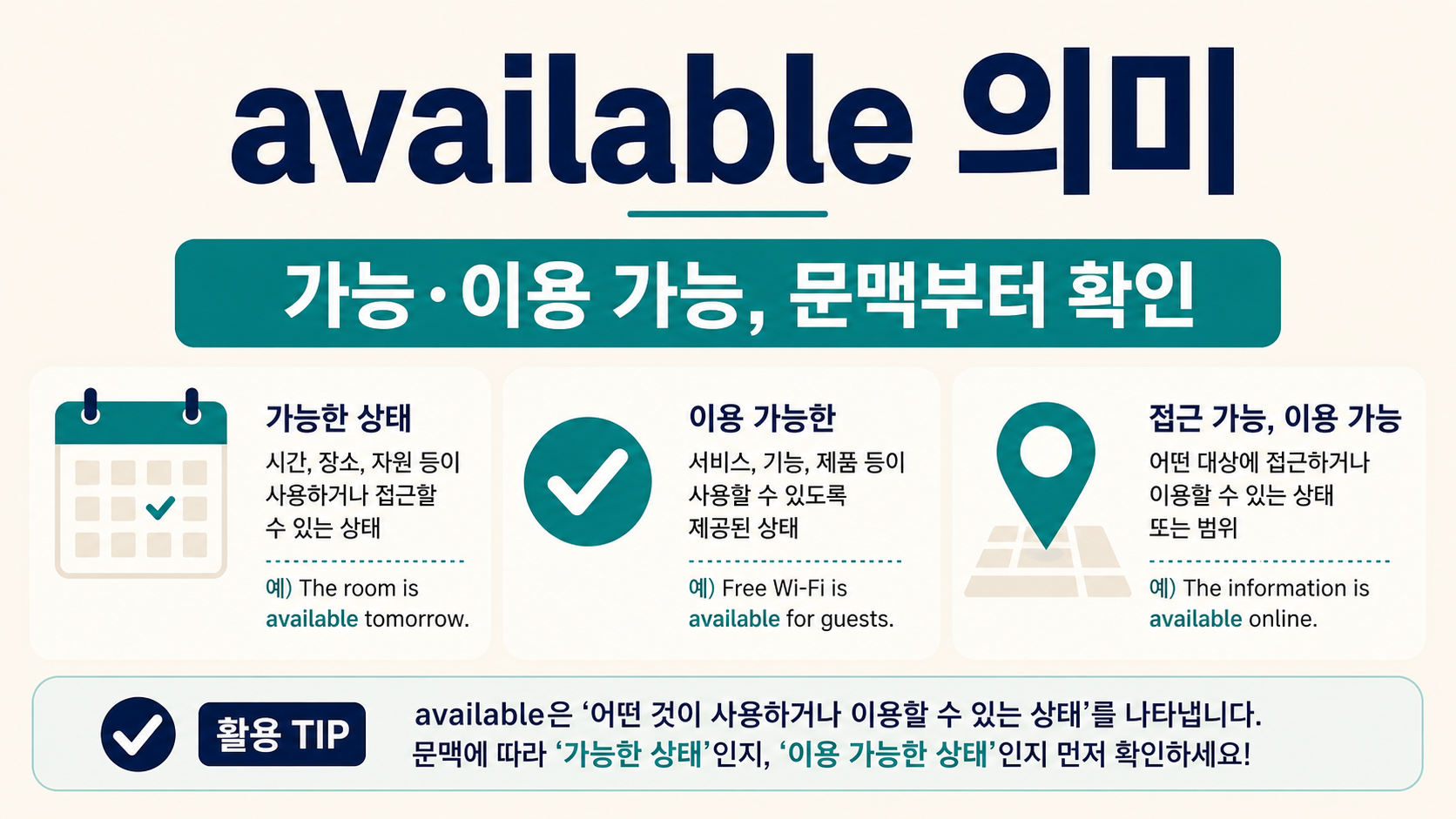 available 의미와 이용 가능 여부를 보여 주는 한국어 정보카드