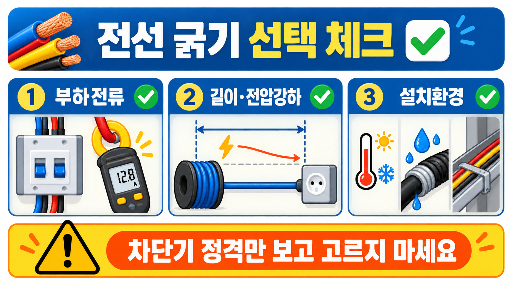 부하전류와 길이, 설치환경을 확인하는 전선 굵기 선택 체크 정보카드
