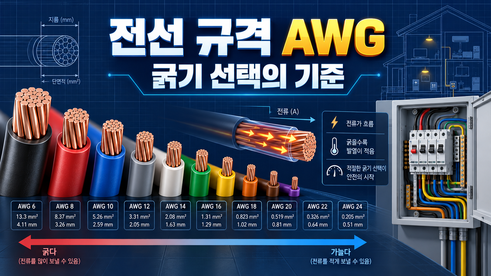 AWG 전선 규격과 굵기 선택 기준을 보여 주는 정보 카드