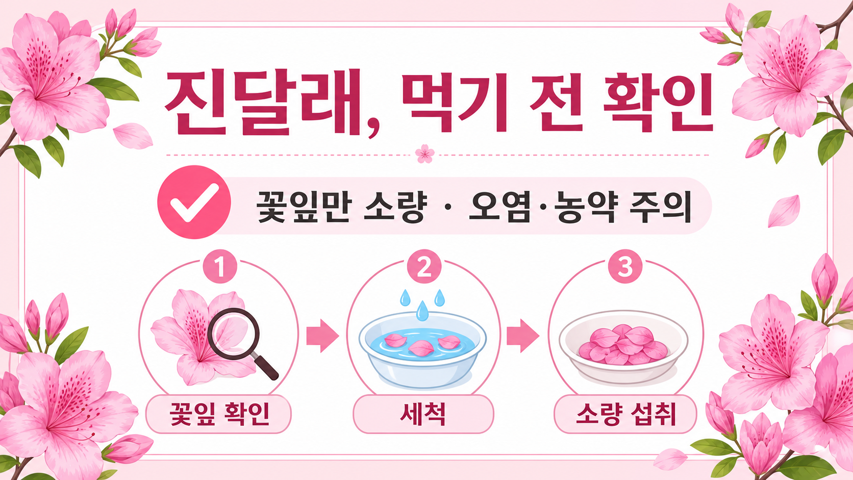 진달래를 먹기 전 확인할 식별, 세척, 소량 섭취 체크리스트를 담은 한국어 정보카드