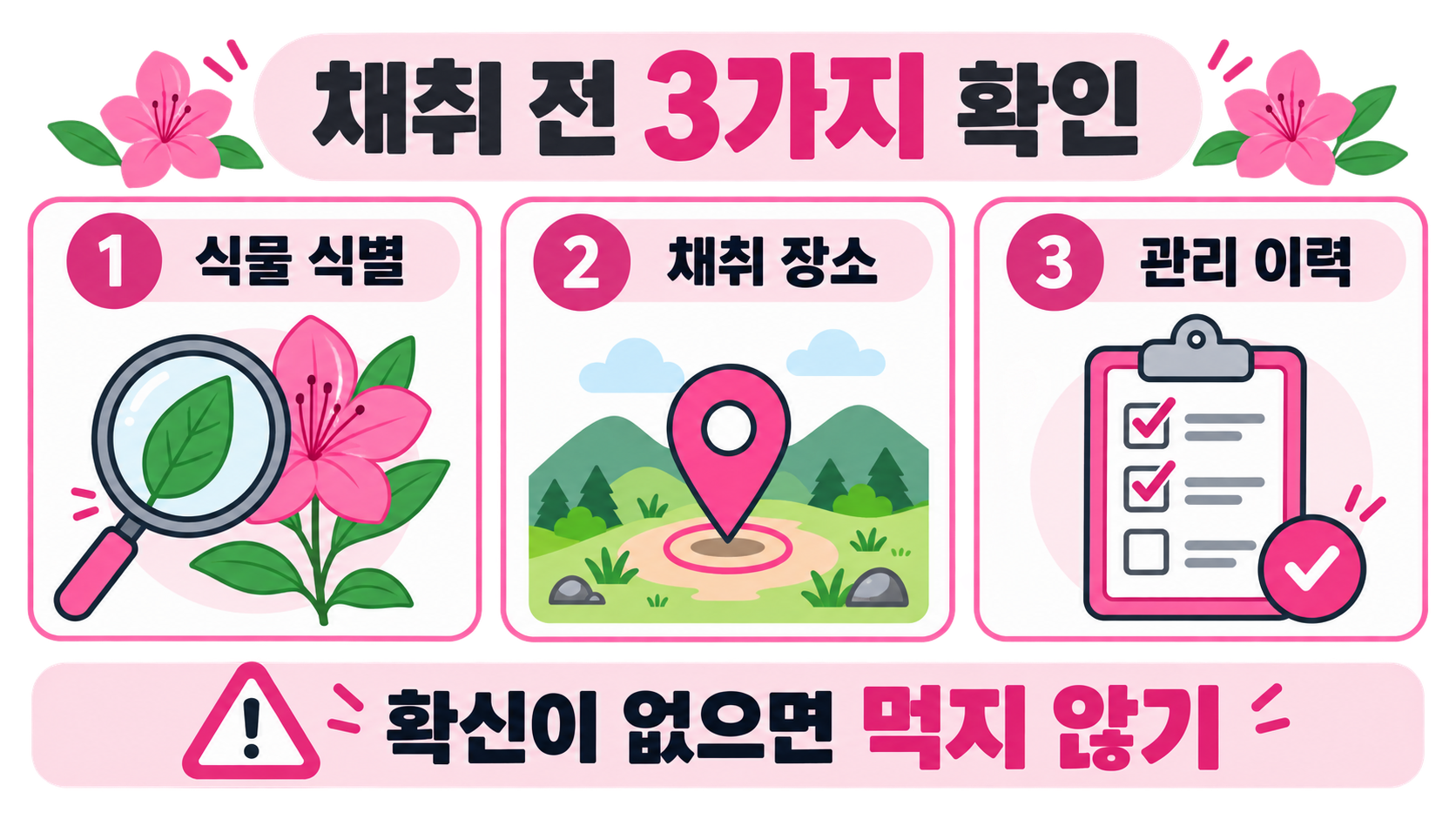 진달래 식용 전 식물 식별과 채취 장소를 확인하는 체크리스트 정보카드