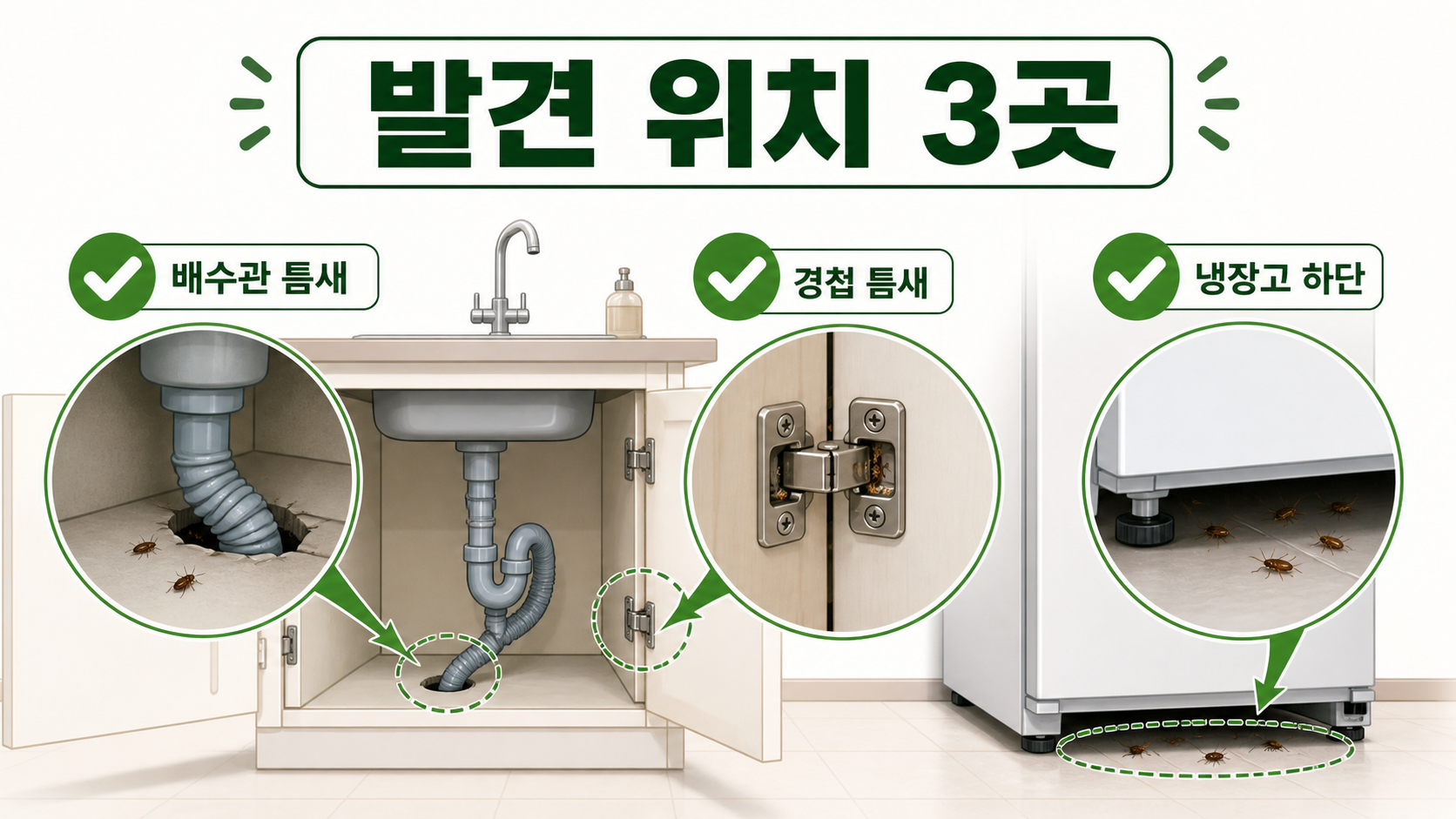 새끼 바퀴벌레를 확인할 때 싱크대 틈, 수납장 경첩, 냉장고 하단을 점검하는 한국어 정보카드