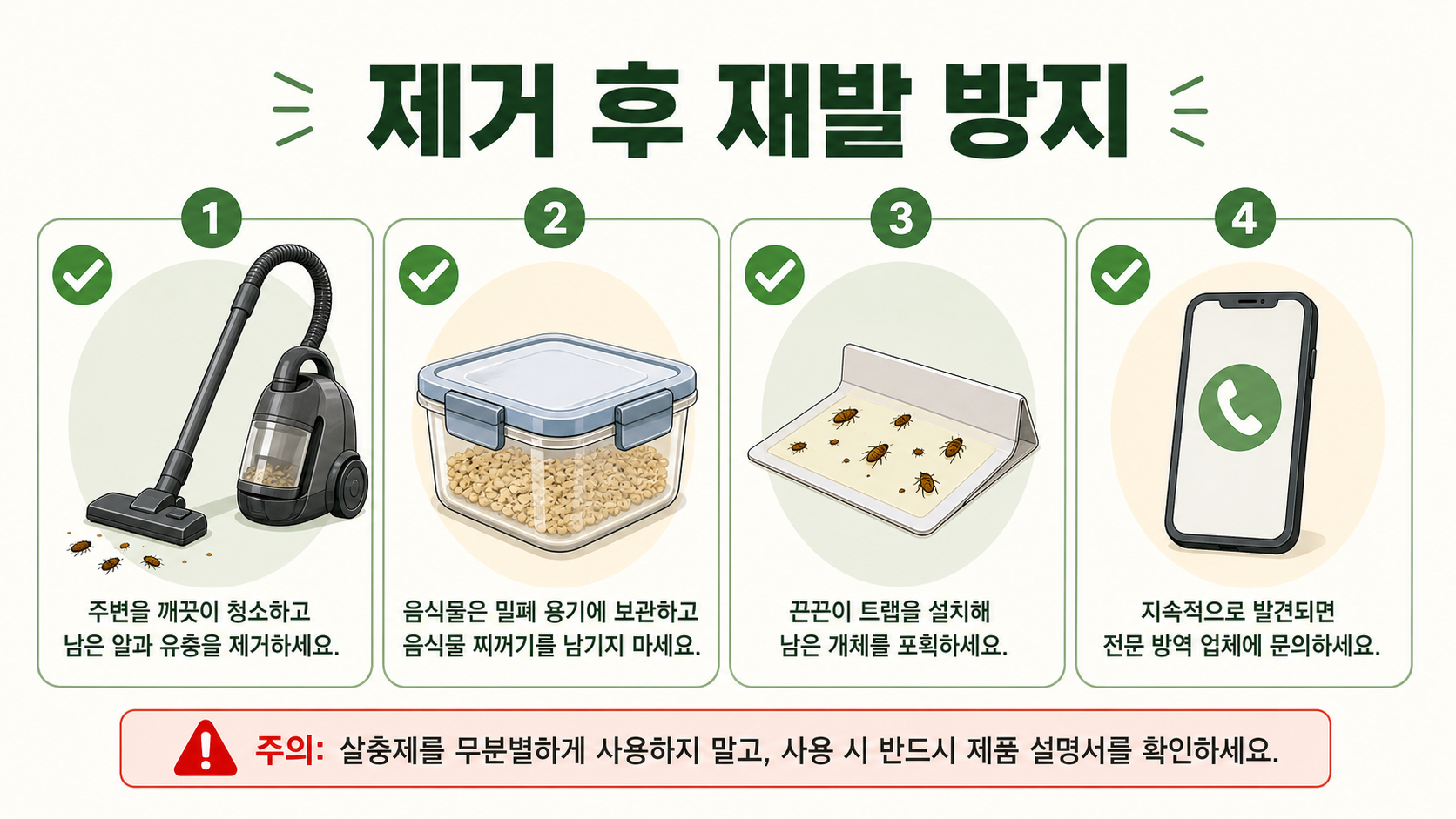 새끼 바퀴벌레 제거 후 청소, 밀폐 보관, 트랩 확인, 전문 방제를 안내하는 한국어 체크리스트 정보카드