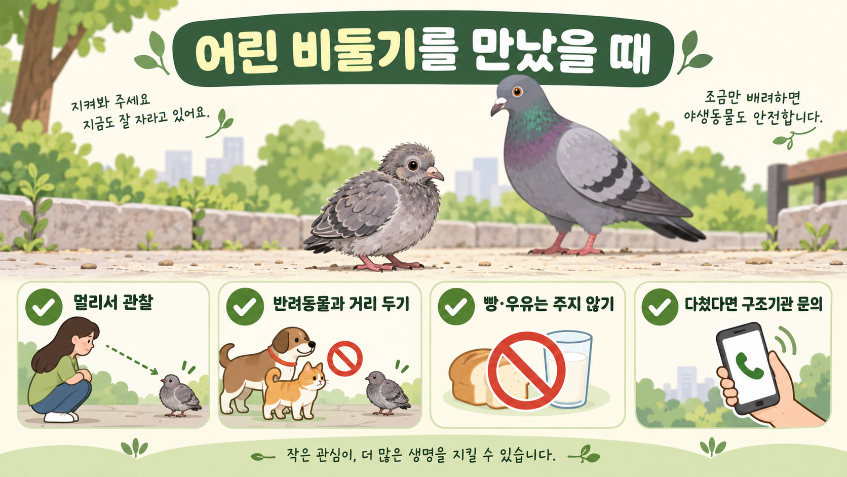 어린 비둘기를 만났을 때 멀리서 관찰하고 위험을 줄이는 방법을 보여 주는 정보 그림