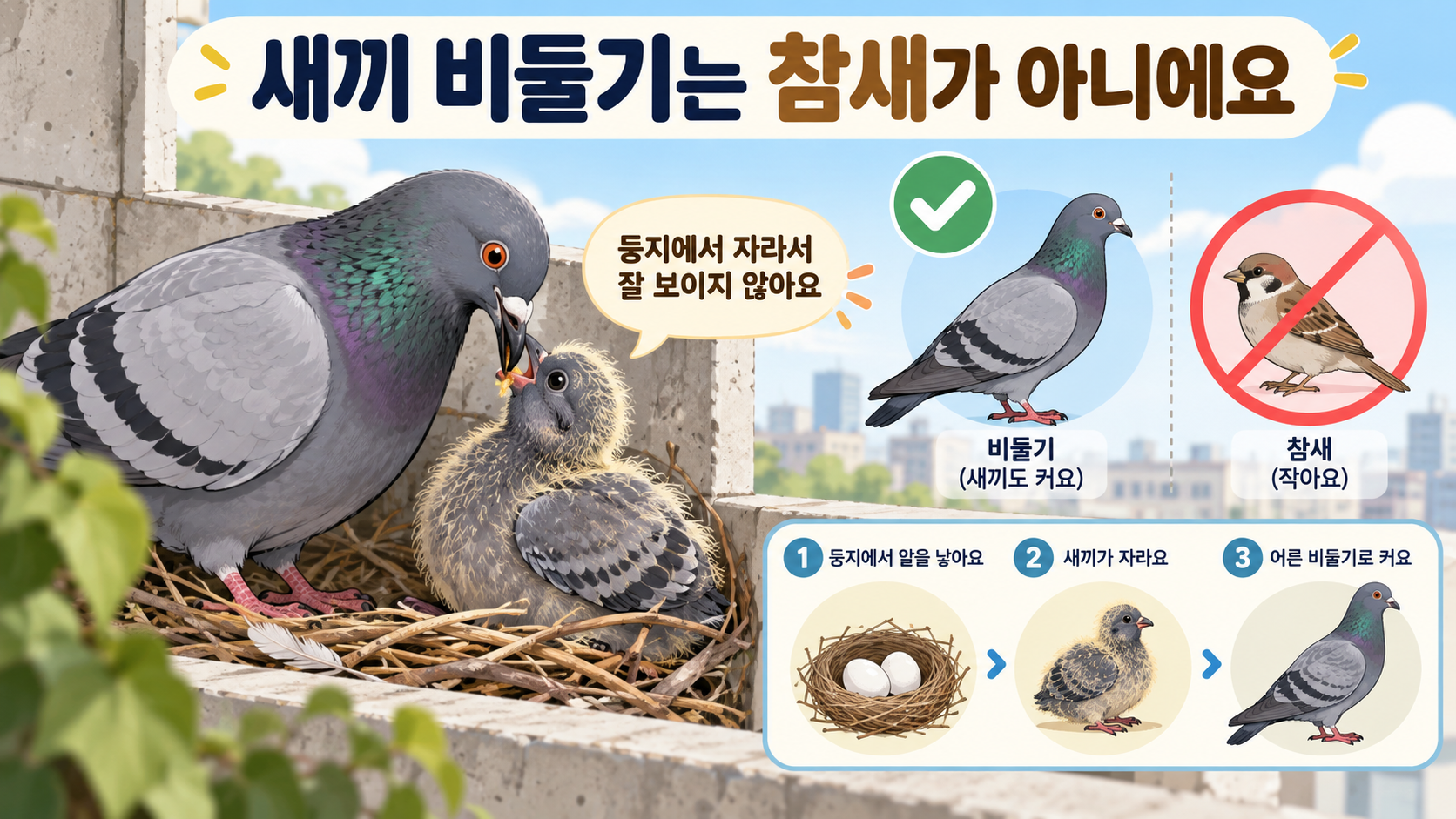 새끼 비둘기는 참새가 아니라는 점과 성장 과정을 보여 주는 정보카드