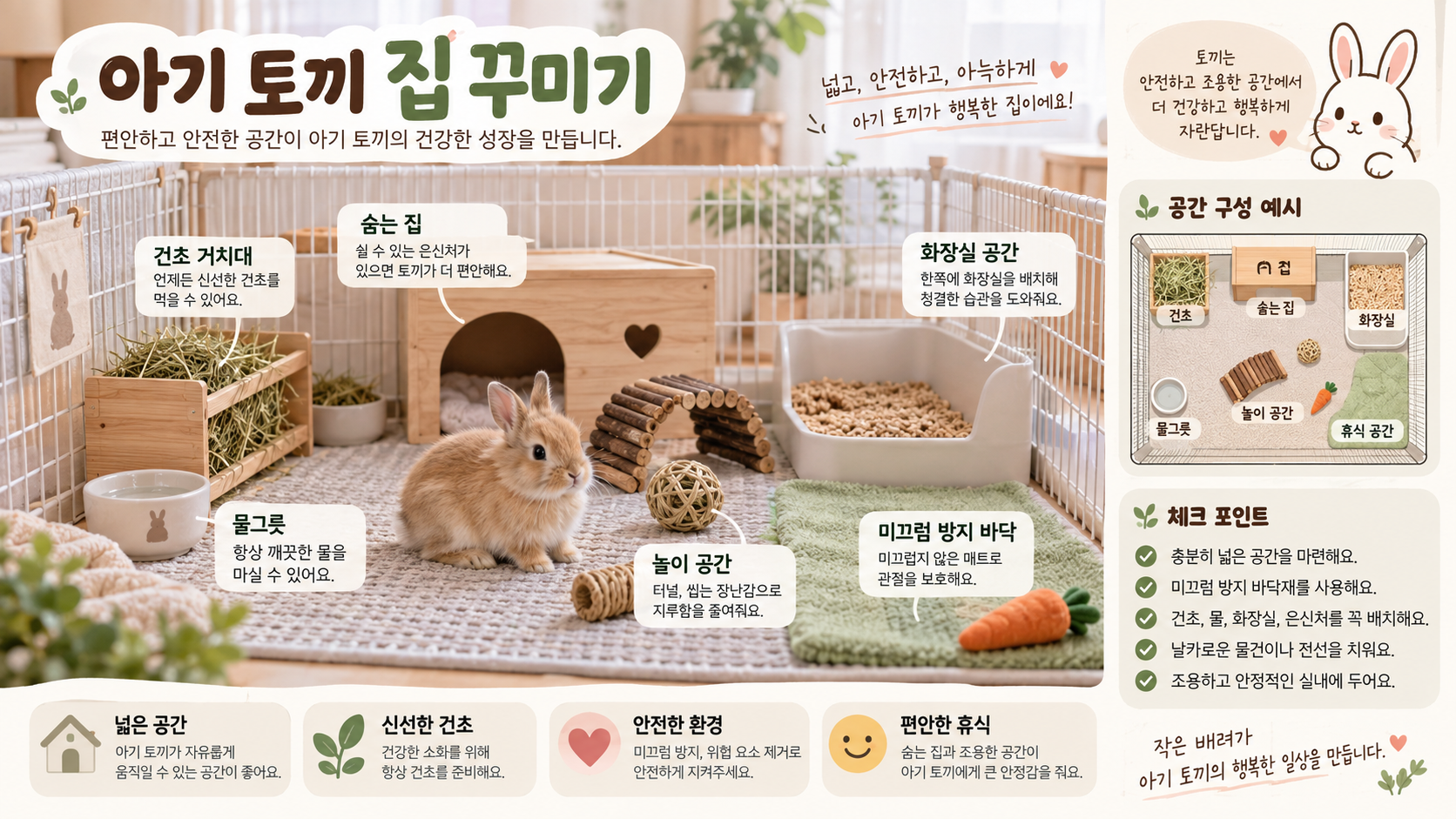 아기 토끼 집 꾸미기와 안전한 공간 구성을 정리한 한국형 정보카드