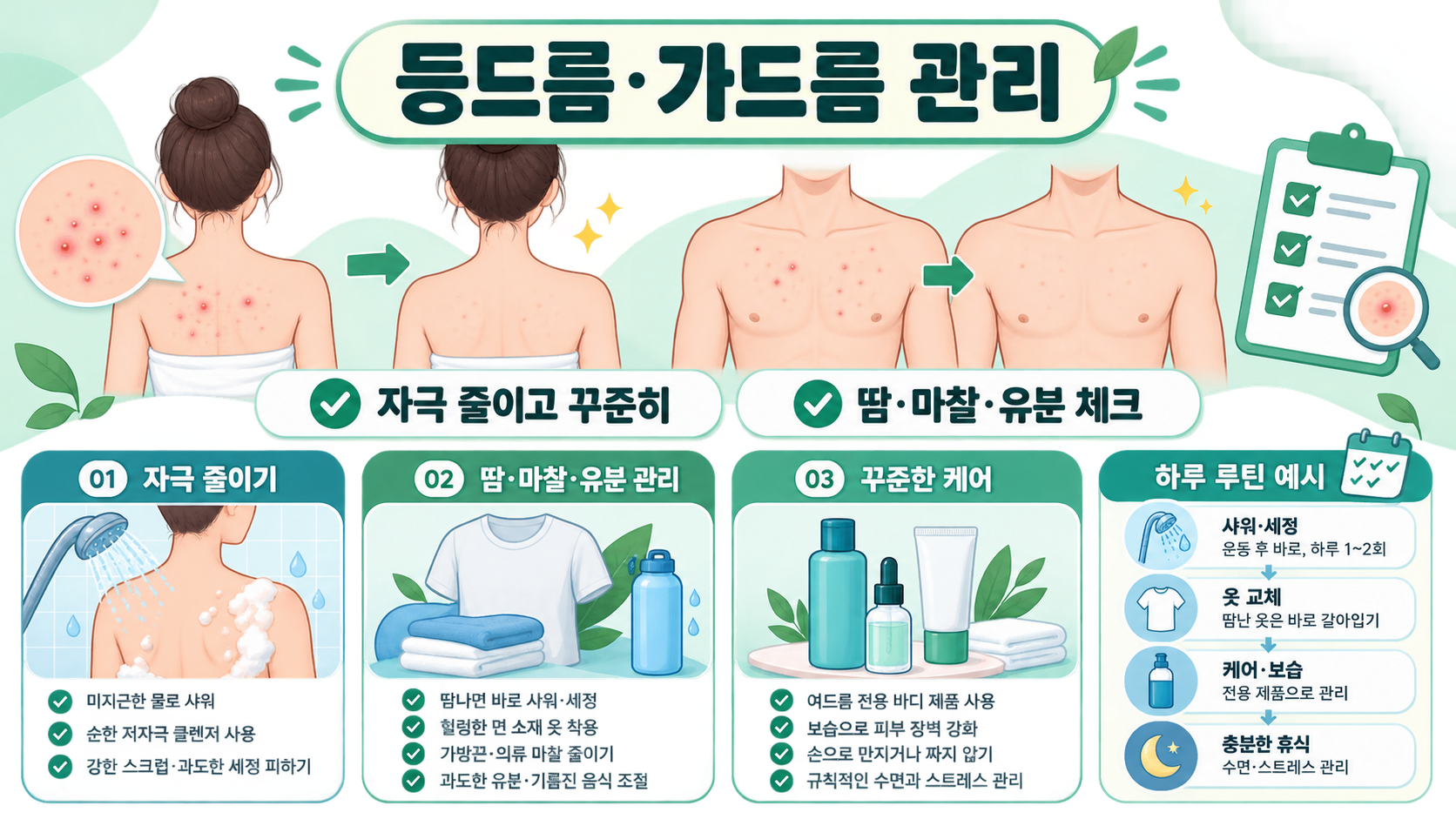 등드름과 가드름 관리에서 자극을 줄이고 땀, 마찰, 유분을 점검하는 한국어 정보카드
