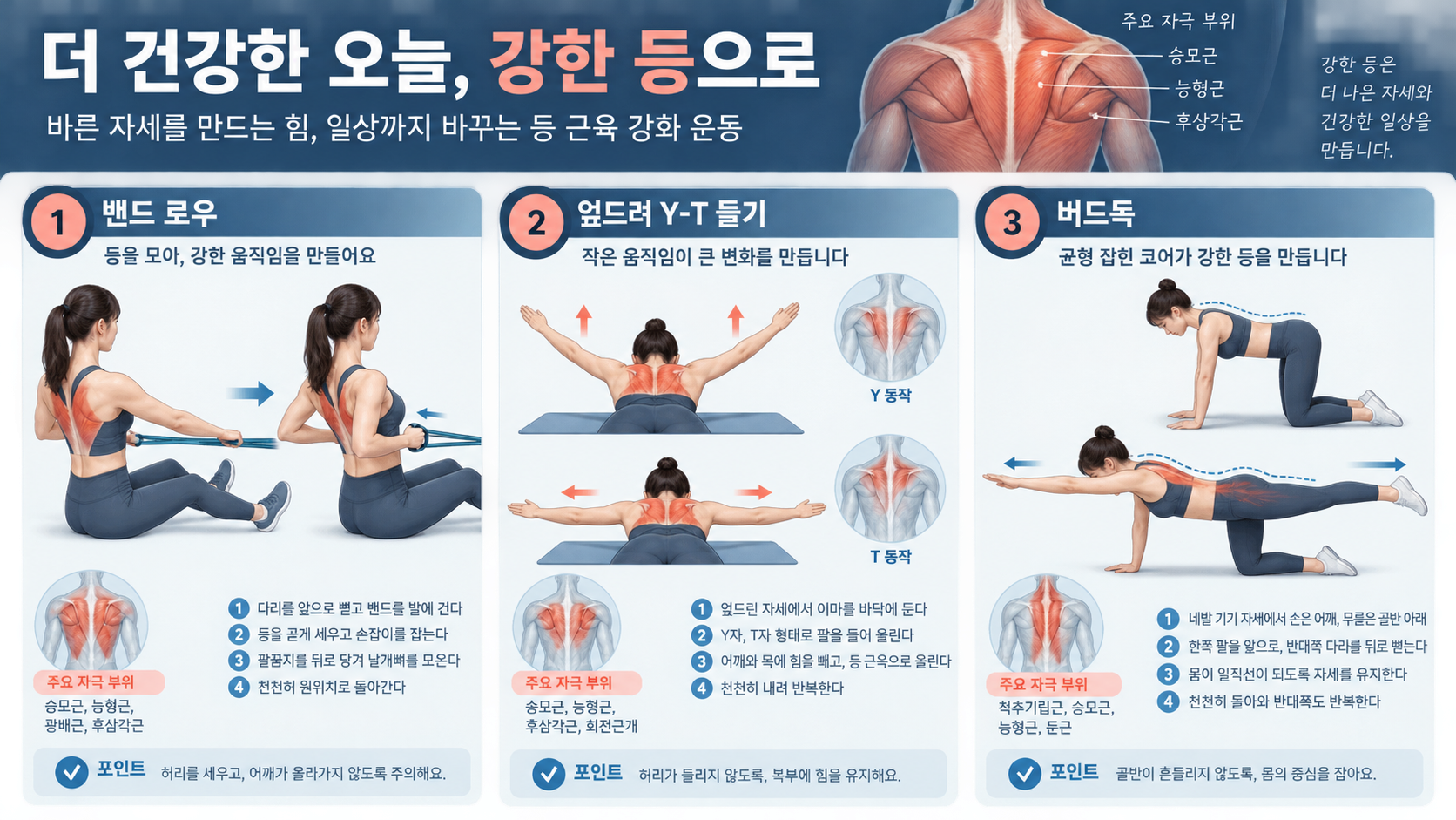 밴드 로우와 엎드려 YT 들기, 버드독을 보여 주는 한국형 정보카드