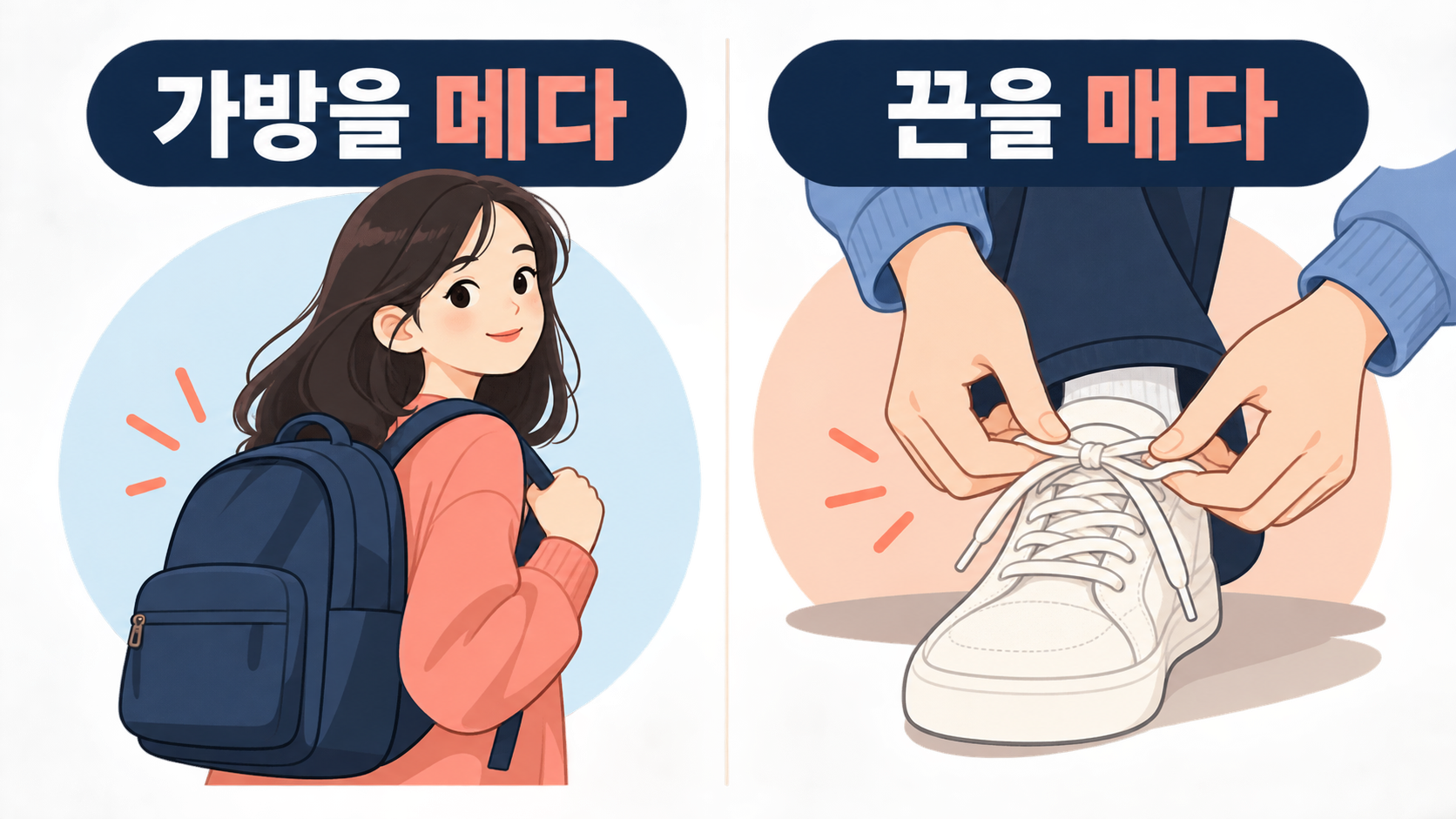 가방을 메다와 끈을 매다를 비교한 한국어 맞춤법 정보카드