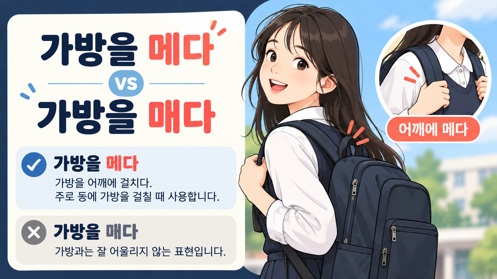 어깨에 배낭을 메는 모습을 설명하는 한국어 정보카드