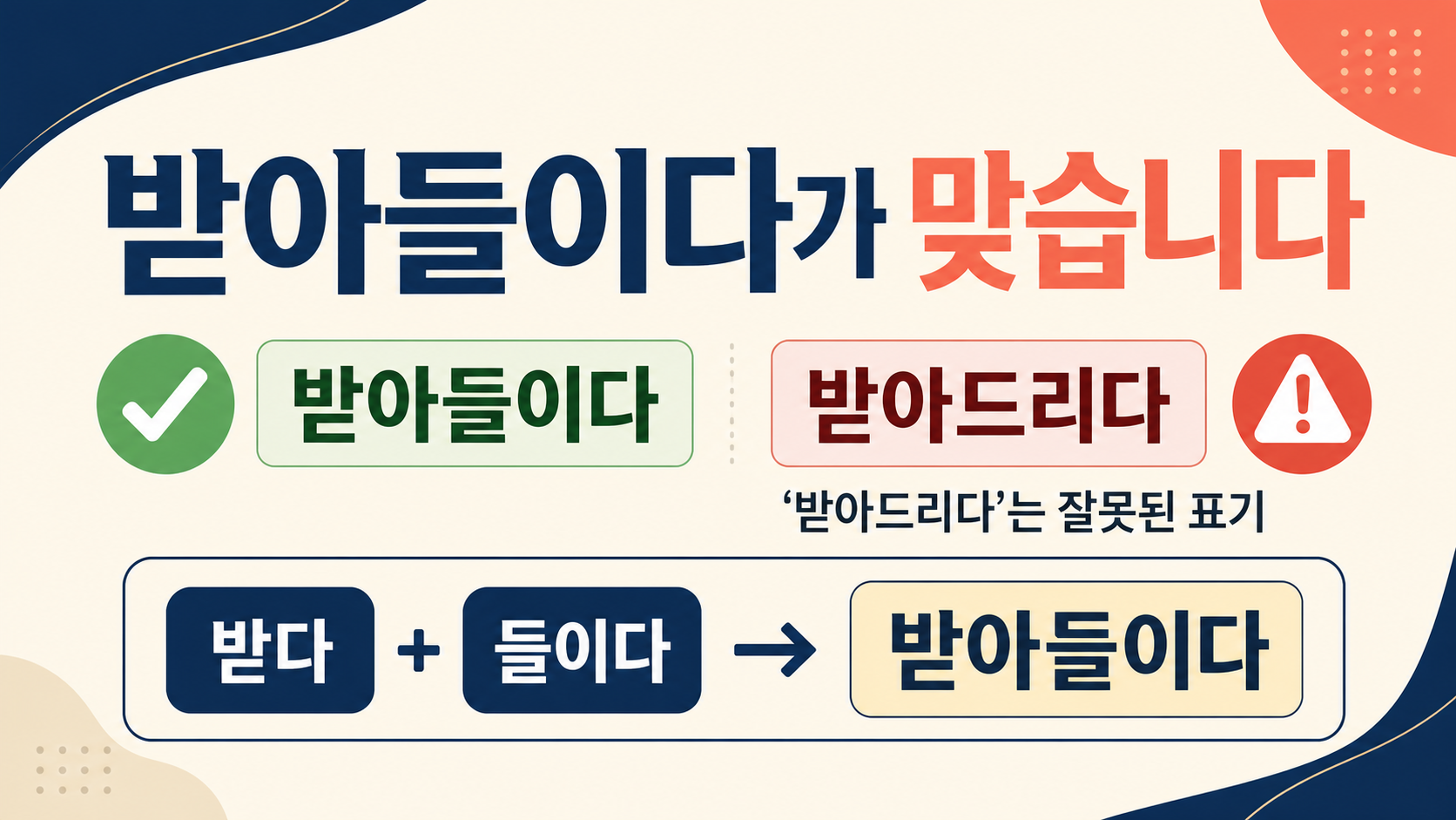 받아들이다와 받아드리다의 올바른 표기를 비교한 정보 카드