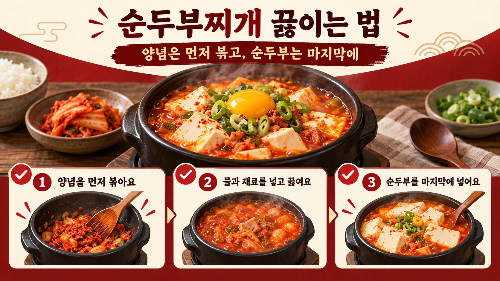 백종원 순두부찌개 양념과 조리 순서를 보여주는 한국어 정보카드